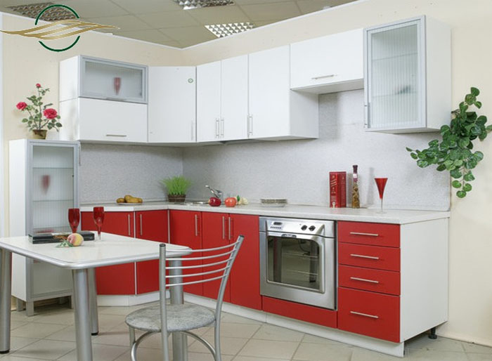 Kitchen in red and white colors