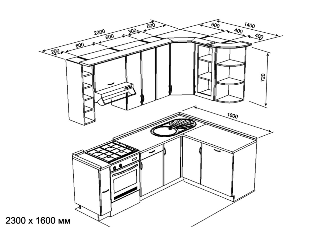 Размеры кухонной мебели стандарт на чертеже