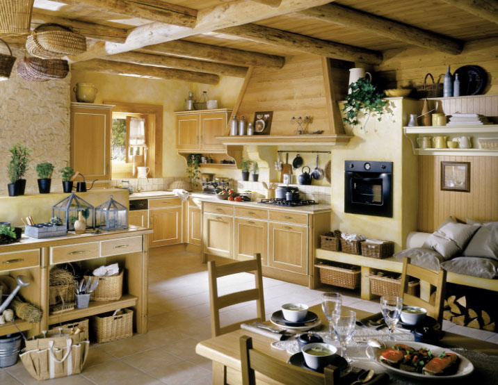 Стыль Кантры ў інтэр'еры кухні пад дрэва