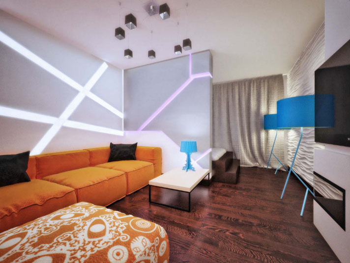 room with kitchen in interesting colors