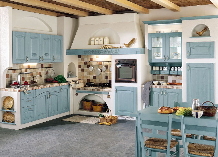 ko'k va oq mamlakat-style kitchen