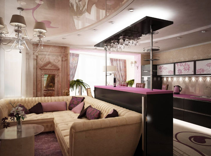 поєднання вітальні і кухні