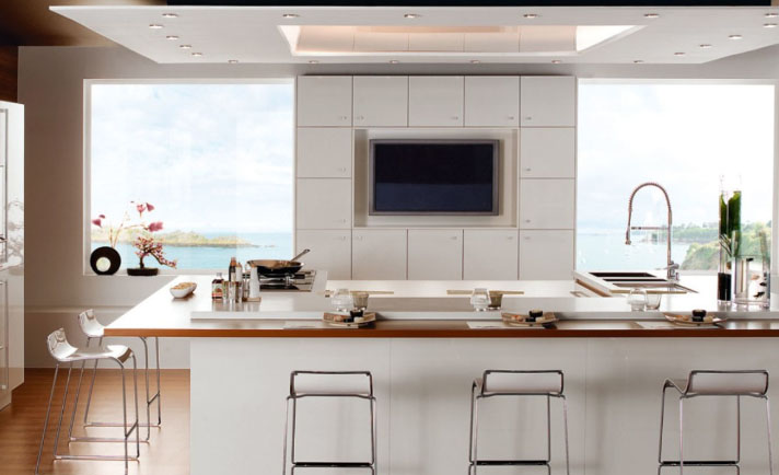 stylish design of the kitchen with TV